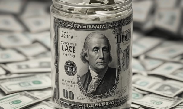 a jar of money with a dollar bill bill