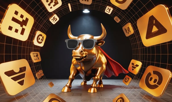 a gold bull with a red cape cape caper on it