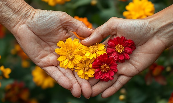 dos manos de una persona mayor ofreciendo flores amarillas y rojas en forma de corazón 