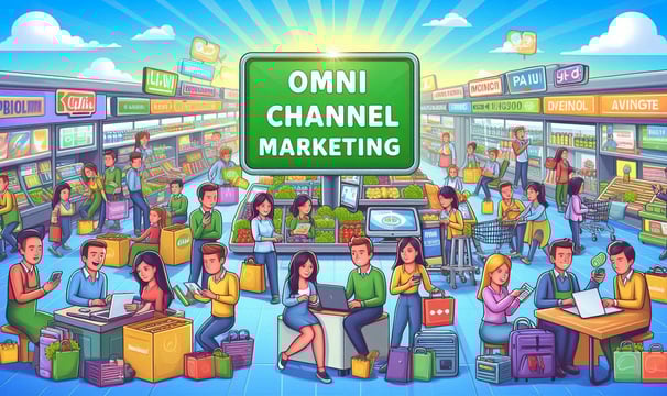 An illustration of a group of people in a supermarket with a sign reading Omni Channel Marketing