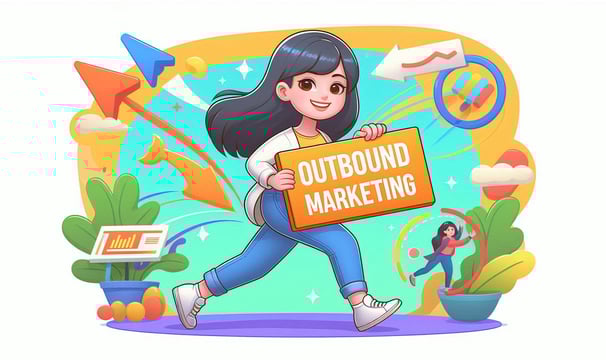 An illustration of a girl running while holding a sign reading Outbound Marketing