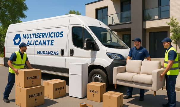 Tres trabajadores de Multiservicios Alicante realizando una mudanza