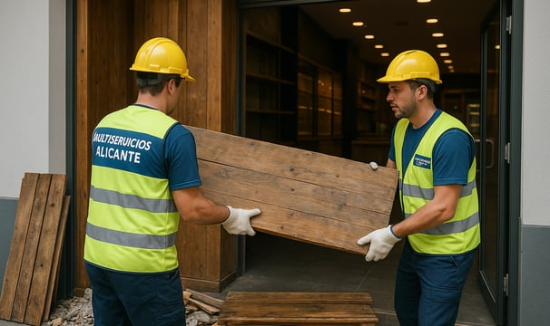 "Dos trabajadores de Multiservicios Alicante retirando una tabla de madera del interior de un local