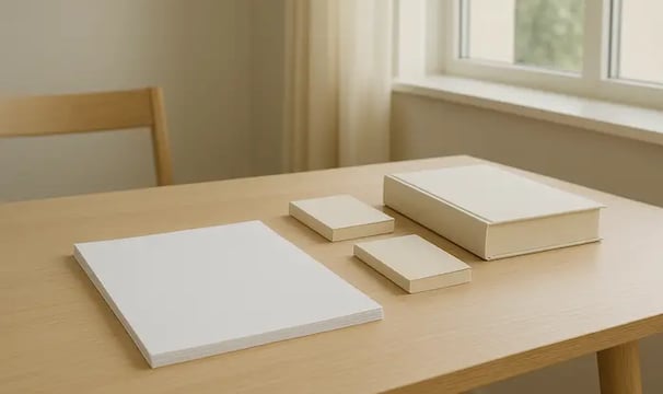 Une table avec des feuilles, livrets et un livre