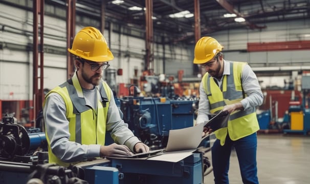 A spacious, modern warehouse or industrial interior with high ceilings and a sleek, organized layout. The space features several workstations equipped with monitors, barcode scanners, and storage areas. The setting is well-lit and appears clean and efficient, suggesting an environment designed for streamlined operations.