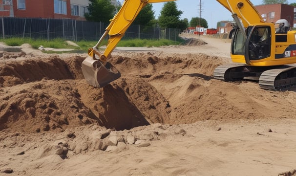 A compact excavator with a black and yellow body is parked on a dirt lot. The machinery has a large arm extending from its body, equipped with a digging bucket. The cabin is enclosed with large windows, and the tracks are visible beneath. In the background, there are other industrial vehicles and equipment visible, along with some structures and a cloudy sky.