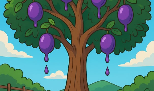 Darstellung eines großen Baums im Garten, an dem violette Früchte wachsen, aus denen leuchtend lila Saft tropft inspiriert