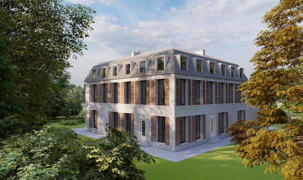 Rendu 3D d’un château en cours de restauration, mettant en valeur les volumes et les éléments patrimoniaux.