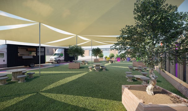 Projet 3D d’un espace public structuré autour de food trucks, zones de convivialité et mobilier urbain.