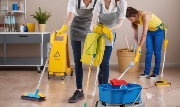 two women cleaning a floor with a mop