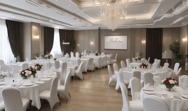 a large room with tables and chairs and a chandelier