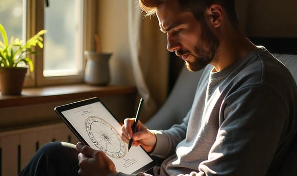a person learning astrology online with a pen in hand