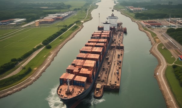 A large cargo ship loaded with multiple rows of orange containers navigates through a body of water. In the foreground, smaller boats are docked in a marina, and seagulls are flying above. The weather appears overcast, with clouds covering the sky and mountains in the background.