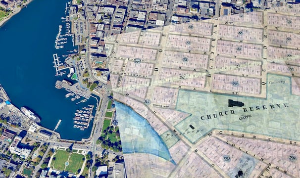 A satellite image of downtown Victoria, BC, overlayed with a historic, geo-referenced street map.