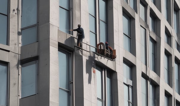 A person wearing a blue uniform and gloves is pushing a cleaning cart adorned with multiple small Union Jack flags. The environment appears to be a busy place, possibly a station or airport, with people in the background walking or standing.