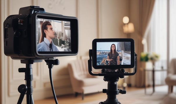 Two men are engaged in a video production setting. One man operates a professional camera and monitors the footage on a screen, while the other appears to be holding a smartphone, possibly assisting or recording as well. The background features photography equipment, including a large softbox light and a tripod.