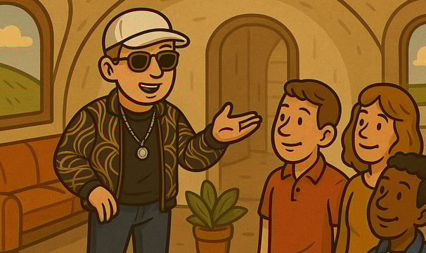 Hustensaft Jüngling erklärt einer Gruppe interessierter Besucher das Innere eines modernen Erdhauses mit natürlicher Ausstatt