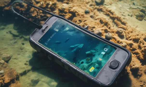 a person holding a cell phone in front of a scuba diver