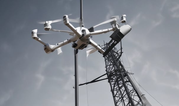 A white drone is flying in the sky, capturing a clear image of its four rotors. The background features a light blue sky with a few wispy clouds.