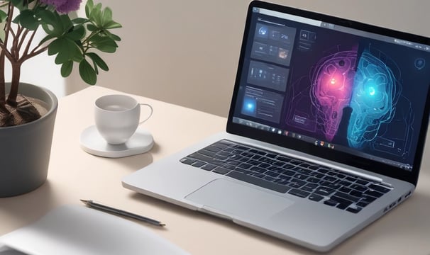 A laptop displaying a webpage about optimizing language models rests on a wooden table. To the left of the laptop is a white cup containing coffee, with remnants of foam around the edges. A colorful laminated menu stand with a sandwich picture is positioned behind the cup.