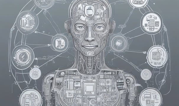 A small, white humanoid robot with blue accents, including eyes, mouth, and a circular badge with the letters 'AI' on its chest, is positioned in front of a blue laptop on a metallic surface. The robot has a simple, smooth design with two cylindrical arms and a small antenna on top.
