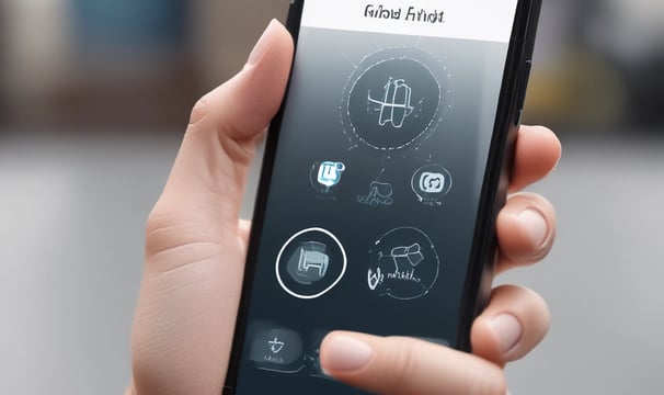 A hand holding a smartphone displaying a mobile app interface with a 'Match' notification. The screen shows profile pictures and chat options in a colorful design. The background is blurred with large text in blue and white.