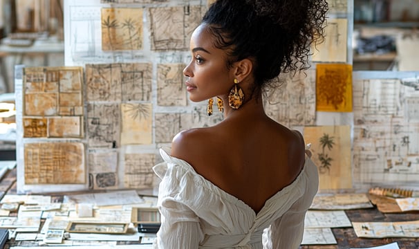 Lucia, designer d’intérieur spécialisée dans les locations de vacances haut de gamme durables, en pleine réflexion créative p