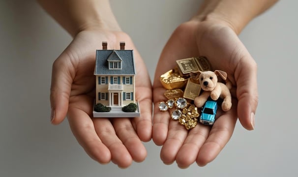 Hands holding house and heirlooms, symbolizing protection of assets through a pour-over will.