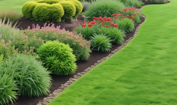 A well-maintained garden landscape featuring neatly arranged flower beds with geometric patterns, surrounded by lush green trees and shrubs. A patterned stone walkway leads up stone steps, bordered by vibrant green ivy. A decorative statue or sculpture is placed on a pedestal next to a potted plant. The background includes various tall trees under a partly cloudy sky.