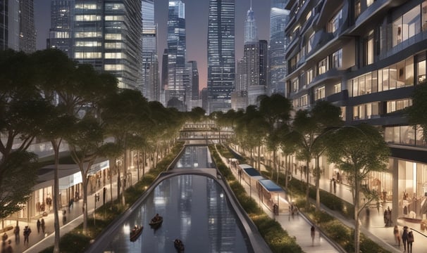 Aerial view of a sprawling urban development with a mix of commercial and residential buildings. Central open space with a circular design, surrounded by brick facades and multiple streets with cars and greenery. Highway visible in the distance along with a dense tree line.