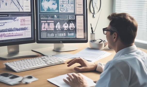 A computer screen displays a financial dashboard with stock market data, including indices like S&P 500 and NASDAQ, along with commodities like gold prices. A red line graph shows a declining trend, indicating negative market performance.