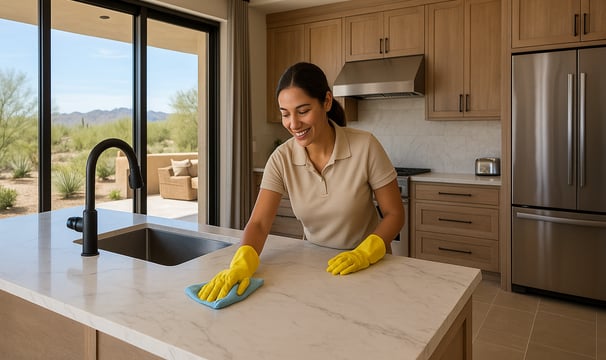 Kitchen cleaning service by Dust Be Gone professional cleaning countertops in Paradise Valley home