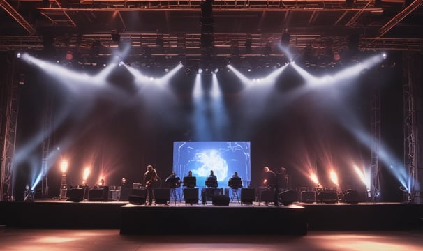 A dimly lit environment with a focus on an illuminated sound mixing console. The console's lights and screens stand out against the dark background, hinting at an audio or concert setup.