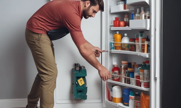 A blue bottle with the brand name Samsung written on it is placed inside a refrigerator. The interior of the fridge is mostly empty, with metal shelves visible in the background.