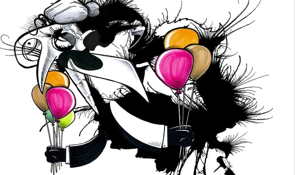 a drawing of a bird holding balloons