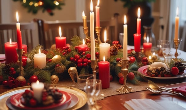 Christmas-themed decorations including sprigs of artificial pine, clusters of red berries, candy canes, baubles, and string lights are arranged around the perimeter of the image, creating a festive border on a blank background.