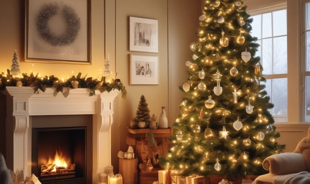 Christmas-themed decorations including sprigs of artificial pine, clusters of red berries, candy canes, baubles, and string lights are arranged around the perimeter of the image, creating a festive border on a blank background.