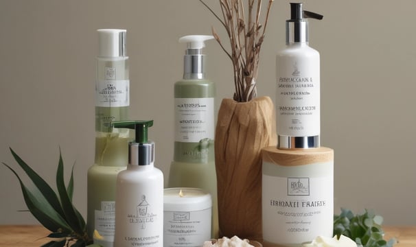 A bathroom shelf holding various skincare products, including bottles and tubes labeled with text like 'JAPANFUSION' and 'RETINOL'. A metal-framed mirror stands beside a potted green plant in a blue ceramic pot. The sink below features a chrome faucet with vintage-style handles, and a bar of soap is placed beside the skincare items.
