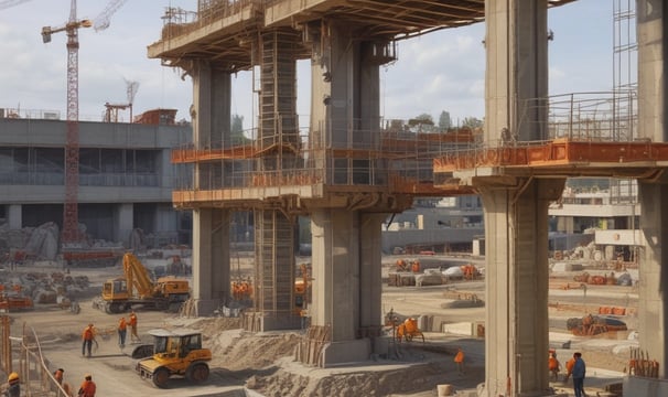 A construction site featuring a large red crane lifting a concrete section with a massive hole, positioned above a series of similar concrete sections placed in a trench. Workers wearing helmets and high-visibility vests are visible among the structures. In the background, there is a red and brown building and a clear blue sky with some clouds.