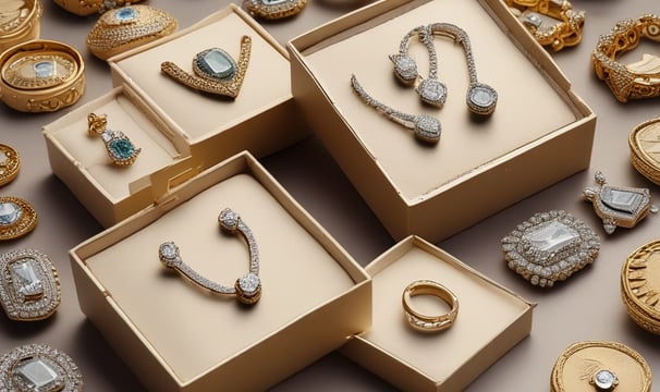 An array of intricately designed gold jewelry, including bangles, a necklace, and earrings, are displayed on a richly embroidered fabric with red and gold patterns. Two jewelry boxes, one brown and the other red, hold some of the pieces, adding a touch of elegance to the presentation. The window in the background offers a blurred view of a cityscape.