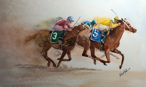 a painting of a horse racing on a race track