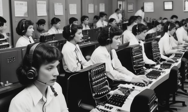 A group of women dressed in military uniforms are operating a vintage telephone switchboard. They are wearing headsets and are focused on connecting calls. The setting appears to be a busy communication center, with rows of desks and lighting fixtures overhead.