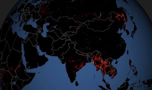 NASA animation of global fires image showing most of Asia and parts of Europe and Africa. Fires highlighted in orange and red