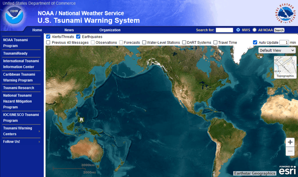 Sample NOAA map of Tsunami threats around the globe. See link for current status.