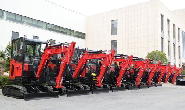 mini excavators in rows