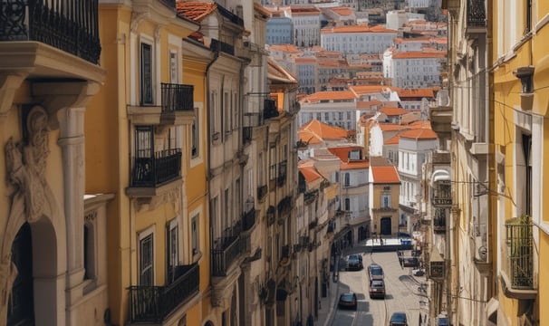 A narrow urban street with several restaurant and service signs hanging on the buildings. Signs include 'hungryhouse', 'JUST EAT', and 'MINI CABS'. The storefronts have dark exteriors, and there is a view of cars parked on the side of the street. A decorative plant hangs near one of the windows, and the street is lined with cobblestones.