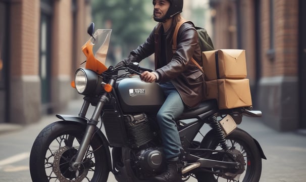 A person wearing a red Zomato delivery shirt and cap is sitting on a motorcycle or scooter on a dimly lit street. The background shows blurred lights, possibly from cars and streetlights, creating a bokeh effect. Other individuals are seen walking in the dimly lit street.