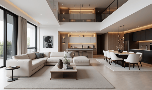 A living room featuring a couch and table, showcasing rich interior design and modern elegance.