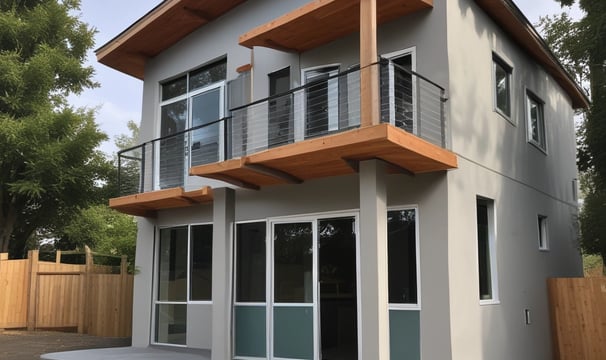 A multi-story residential building features numerous apartments with balconies. Each unit is fitted with air conditioning units attached below the windows. The facade exhibits a uniform pattern of windows and concrete, creating a repetitive architectural style.