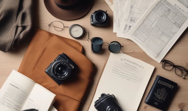 A neatly arranged collection of travel essentials on a light wooden floor, featuring a black laptop with eyeglasses and a smartphone on top, a vibrant blue and green patterned scarf, a camera lens, a folded drone, a closed black notebook, and a red passport.